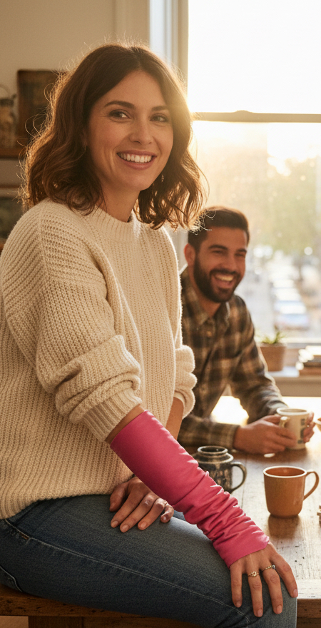Soft Pink Elbow-Length Leather Arm Sleeve