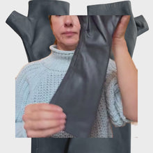Load and play video in Gallery viewer, Long Navy Blue Leather Gloves with Invisible Zipper – Elbow-Length