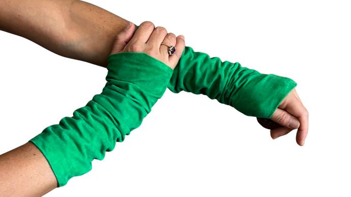 Green suede fashion arm sleeves handmade for everyday wear 