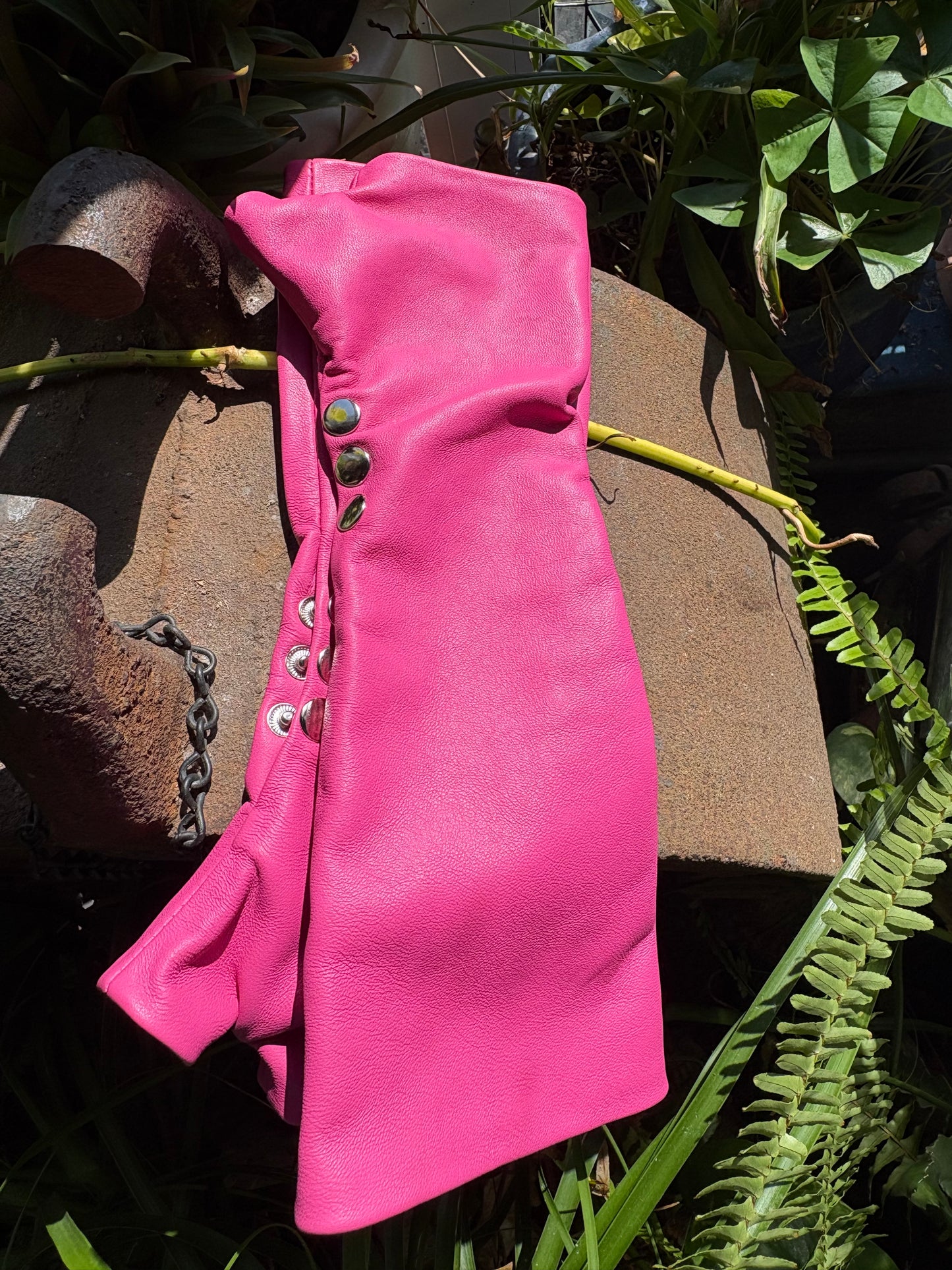 The Statement Piece: Long Pink Leather Fingerless Gloves
