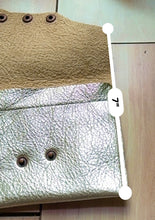 Load image into Gallery viewer, Unisex light gold leather wallet with 3 snap closures. Handmade, minimalist, and spacious at 8.5&quot;x4.5&quot; — a bold and secure choice for everyday style.
