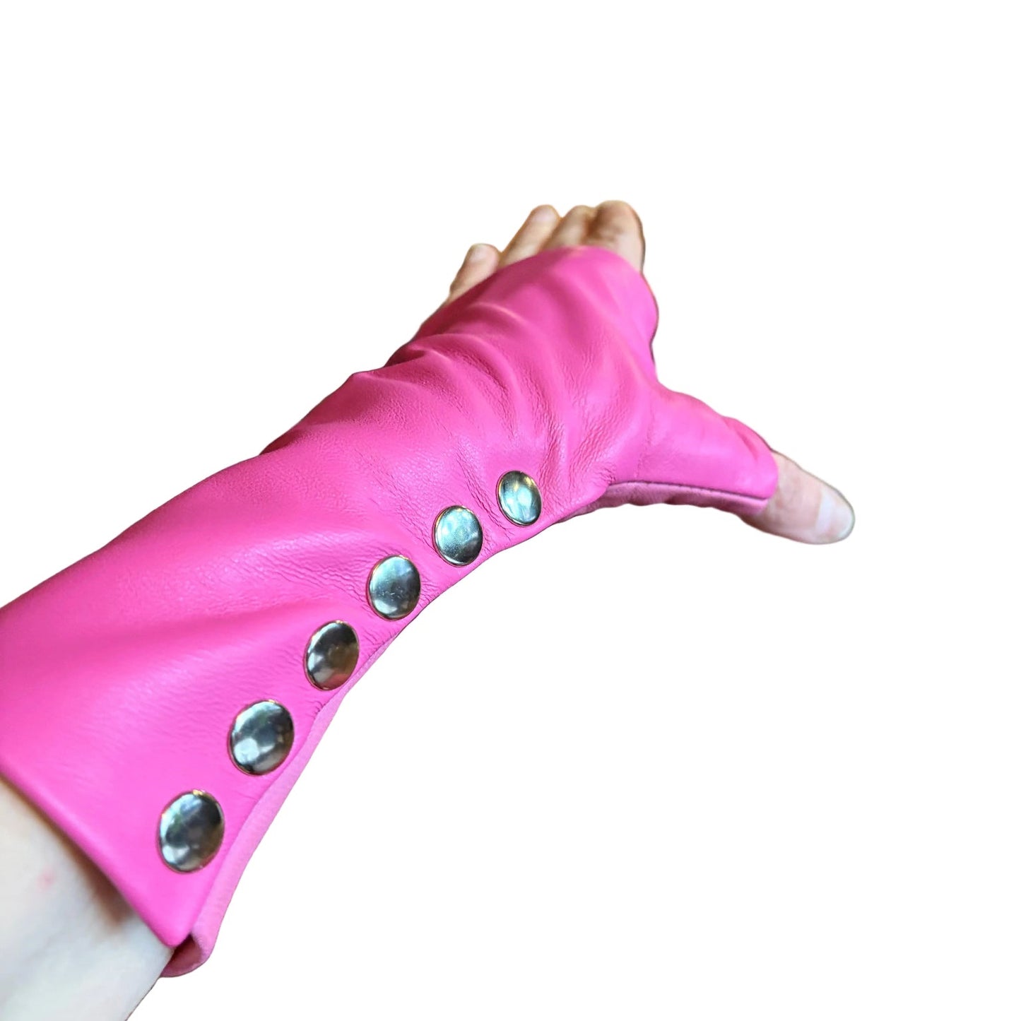 side picture of fingerless leather gloves in pink & Rose with 6 silver snaps

