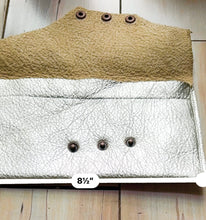 Load image into Gallery viewer, light Gold clutch with beige top section on a wooden surface
