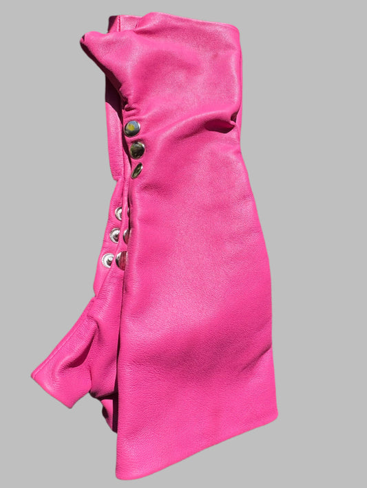 fingerless pink leather gloves with three silver snaps 