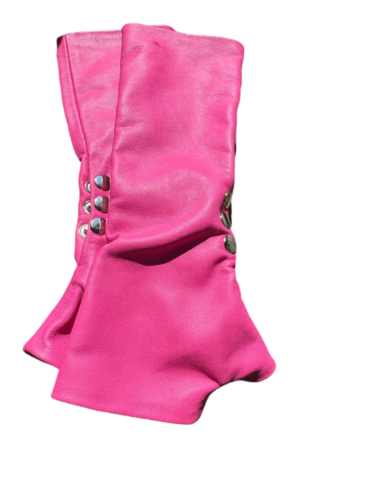 pink fingerless  leather  gloves with three  silver snaps